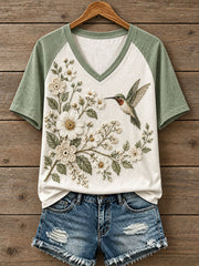 Women's Floral and Bird Pattern T-Shirt