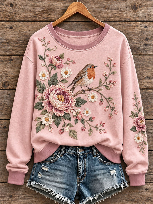 Women's Floral and Bird Pattern Sweatshirt
