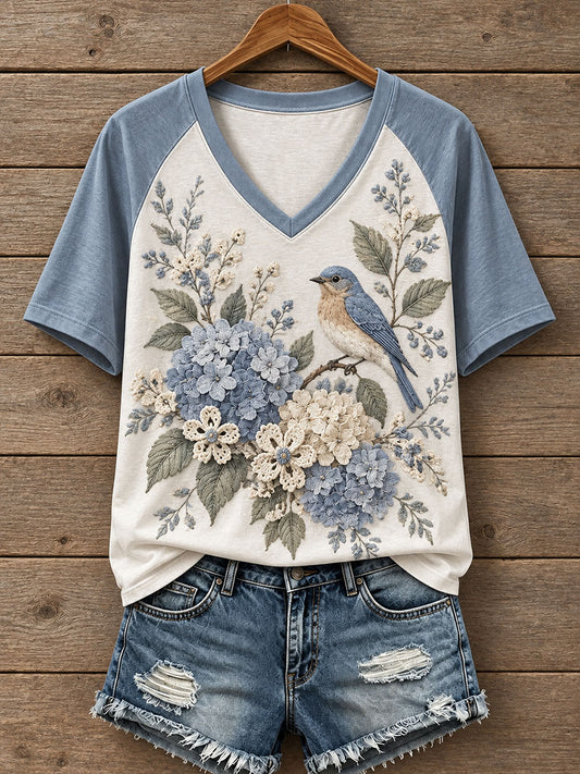 Women's Floral and Bird Pattern T-Shirt