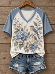 Women's Floral and Bird Pattern T-Shirt