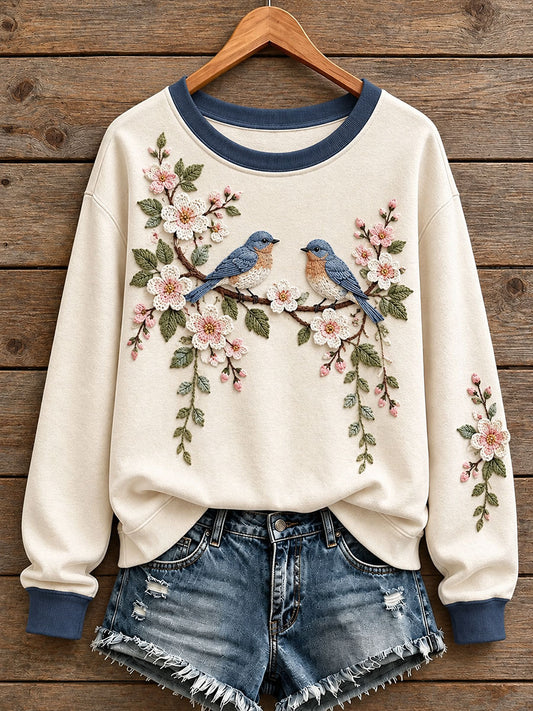 Women's Floral and Bird Pattern Sweatshirt