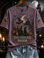 Women's Halloween Dachshund Witch Mom Print Short Sleeve T-shirt