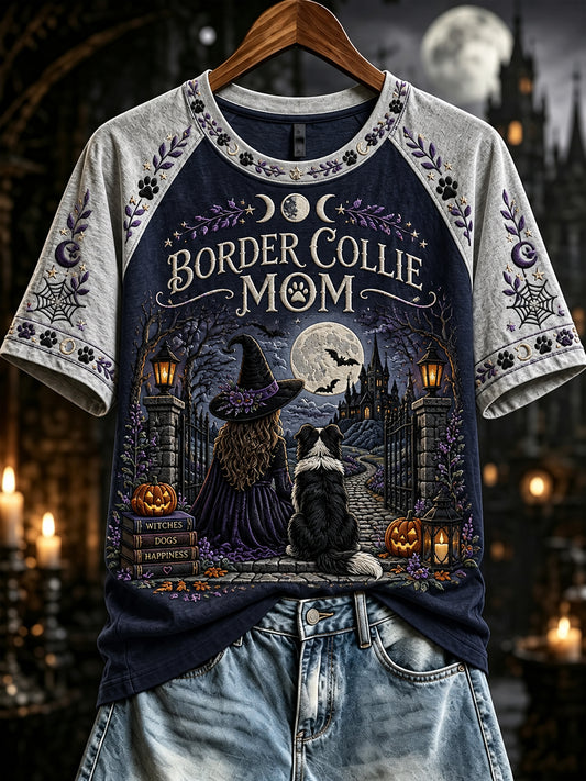 Women's Halloween Border Collie Witch Mom Print Short Sleeve T-shirt
