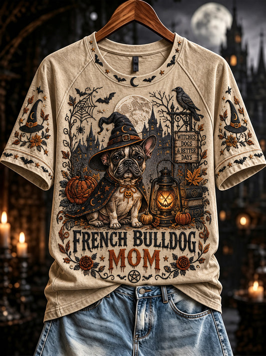 Women's Halloween French Bulldog Witch Mom Print Short Sleeve T-shirt