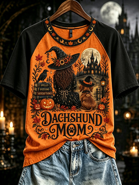 Women's Fall Halloween Dachshund Witch Mom Print Short Sleeve T-shirt