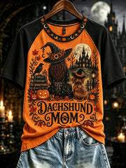 Women's Fall Halloween Dachshund Witch Mom Print Short Sleeve T-shirt
