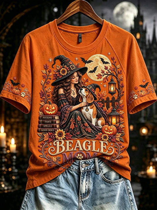 Women's Fall Halloween Beagle Witch Mom Print Short Sleeve T-shirt