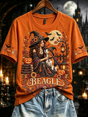 Women's Fall Halloween Beagle Witch Mom Print Short Sleeve T-shirt