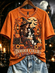 Women's Fall Halloween Border Collie Witch Mom Print Short Sleeve T-shirt