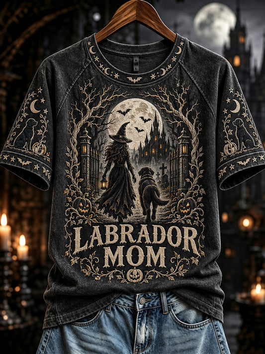 Women's Halloween Labrador Witch Mom Print Short Sleeve T-shirt