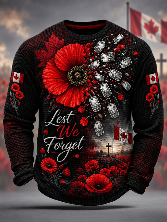 Men's Lest We Forget Canada Remembrance Day Print Waffle Long Sleeve T-Shirt