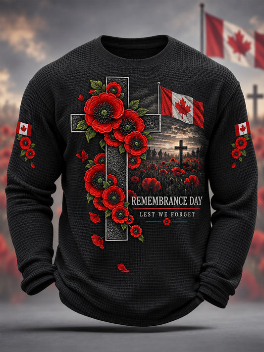 Men's Lest We Forget Canada Remembrance Day Print Waffle Long Sleeve T-Shirt