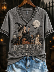 Women's Dachshunds Because People Are Creepy Halloween Witch & Dogs Print short-sleeved T-shirt