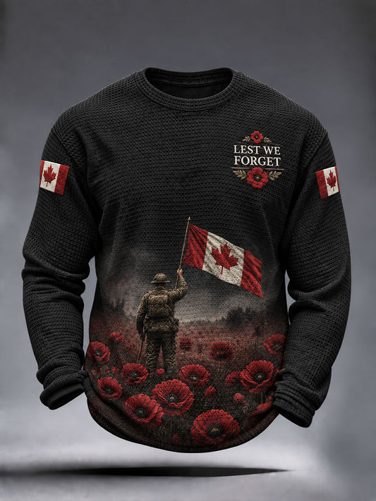 Men's Lest We Forget Canada Remembrance Day Print Waffle Long Sleeve T-Shirt