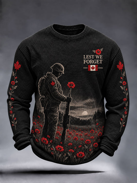 Men's Lest We Forget Canada Remembrance Day Print Waffle Long Sleeve T-Shirt