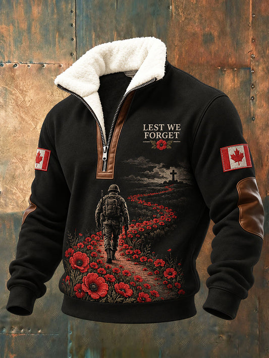 Men's Lest We Forget Canada Remembrance Day Print Plush Stand Collar Shirt