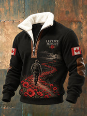 Men's Lest We Forget Canada Remembrance Day Print Plush Stand Collar Shirt