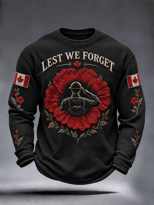 Men's Lest We Forget Canada Remembrance Day Print Waffle Long Sleeve T-Shirt