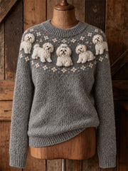 Women's Vintage Maltese Dogs Yoke Isle Print Cozy crew neck sweater