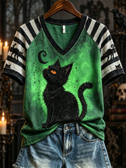 Women's Halloween Black Cat Art Striped Raglan short-sleeved T-shirt