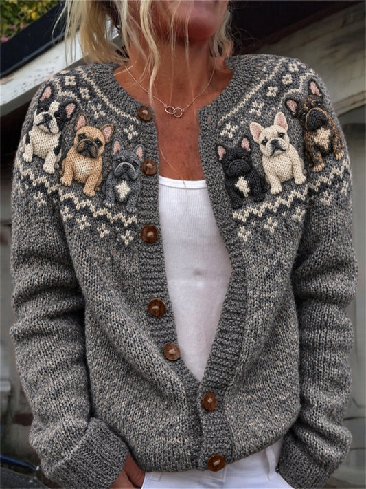Women's Vintage French Bulldogs Yoke Isle Print Cardigan-Style Knit Jacket