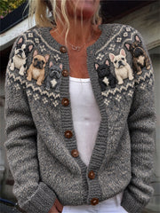Women's Vintage French Bulldogs Yoke Isle Print Cardigan-Style Knit Jacket