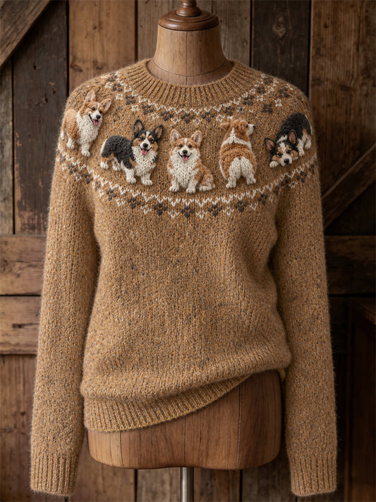 Women's Vintage Lovely Corgi Dogs Yoke Isle Print crew neck sweater