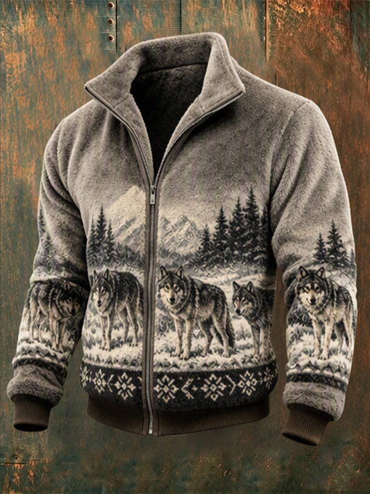 Men's Vintage Wolves Landscape Print Cozy Flannel Full Zip Jacket
