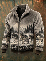 Men's Vintage Wolves Landscape Print Cozy Flannel Full Zip Jacket