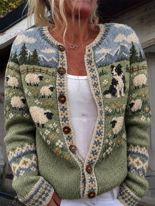 Women's Vintage Border Collie & Fuzzy Sheep Landscape Print Cardigan-Style Knit Jacket