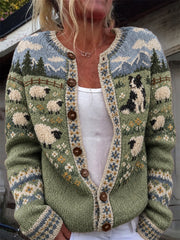Women's Vintage Border Collie & Fuzzy Sheep Landscape Print Cardigan-Style Knit Jacket