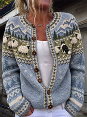 Women's Vintage Border Collie & Fuzzy Sheep Landscape Isle Print Cardigan-Style Knit Jacket
