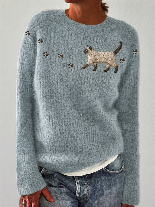Women's Walking Siamese Cat & Paw Prints crew neck sweater