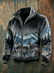 Men's Vintage Wolves Landscape Print Cozy Flannel Full Zip Jacket