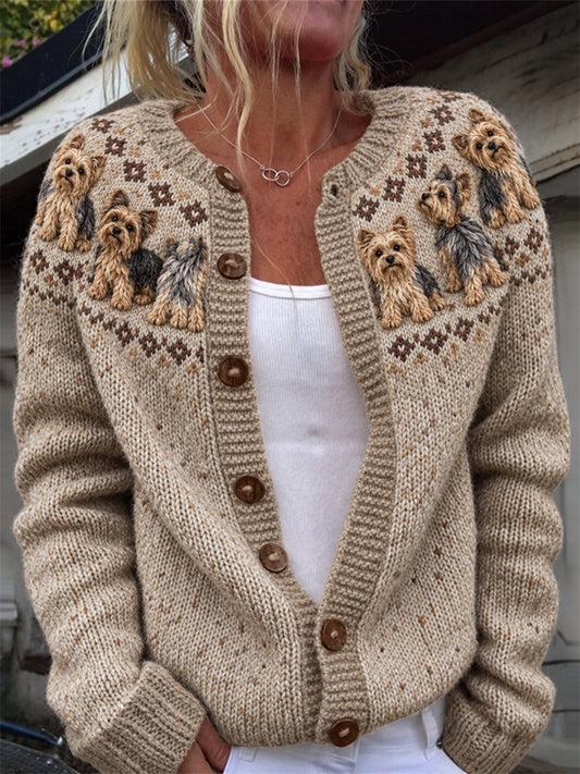 Women's Vintage Yorkie Dogs Yoke Isle Print Cardigan-Style Knit Jacket