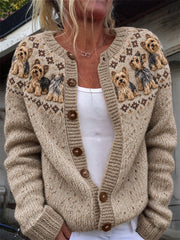 Women's Vintage Yorkie Dogs Yoke Isle Print Cardigan-Style Knit Jacket