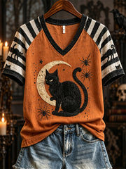 Women's Halloween Black Cat Art Striped Raglan short-sleeved T-shirt