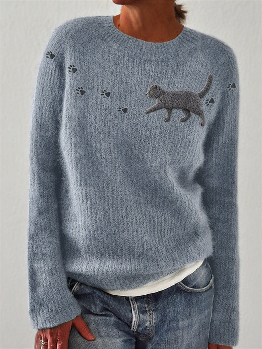 Women's Walking Blue Cat & Paw Prints crew neck sweater