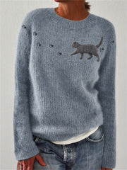 Women's Walking Blue Cat & Paw Prints crew neck sweater