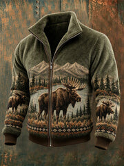 Men's Vintage Elk Landscape Print Cozy Flannel Full Zip Jacket