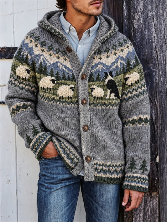 Men's Vintage Border Collie & Fuzzy Sheep Landscape Isle Print Hooded Cardigan