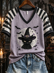 Women's Halloween Black Cat Art Striped Raglan short-sleeved T-shirt
