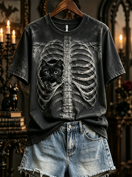 Women's Halloween Peeking Black Cat X-ray Rib Cage Print short-sleeved T-shirt
