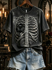 Women's Halloween Peeking Black Cat X-ray Rib Cage Print short-sleeved T-shirt
