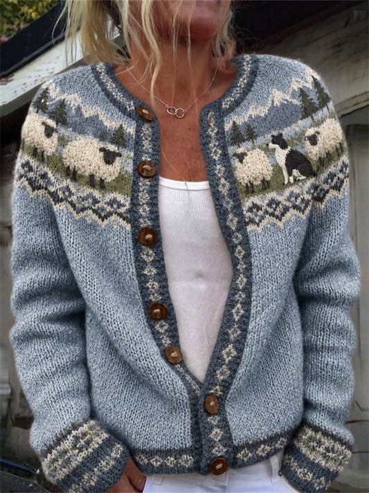 Women's Vintage Border Collie & Sheep Landscape Isle Print Cardigan-Style Knit Jacket