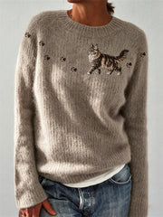 Women's Walking Maine Coon Cat & Paw Prints crew neck sweater