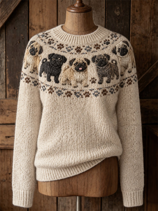 Women's Vintage Pug Dogs Yoke Isle Print Cozy crew neck sweater