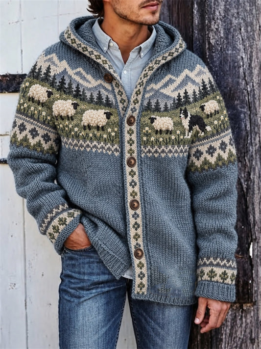 Men's Vintage Border Collie & Fuzzy Sheep Landscape Isle Print Hooded Cardigan