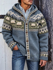 Men's Vintage Border Collie & Fuzzy Sheep Landscape Isle Print Hooded Cardigan