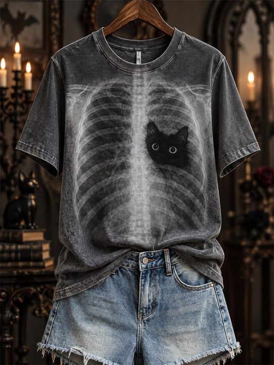Women's Halloween Peeking Black Cat X-ray Rib Cage Print short-sleeved T-shirt